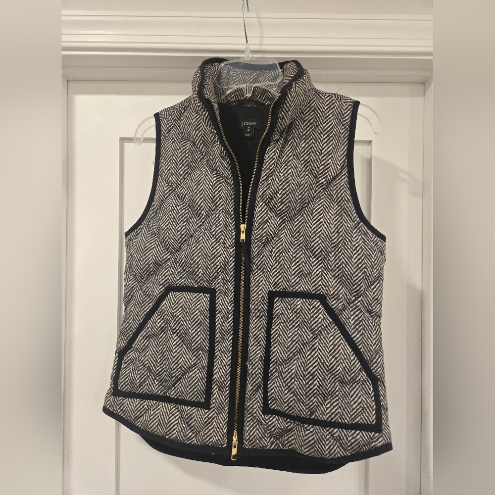 J. Crew Black and White Herringbone Vest with Gold Accents